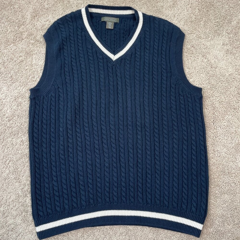Rorie Whelan Sweater Vest Mens XL Navy White Cable Knit Tennis Prep Golf Preppy